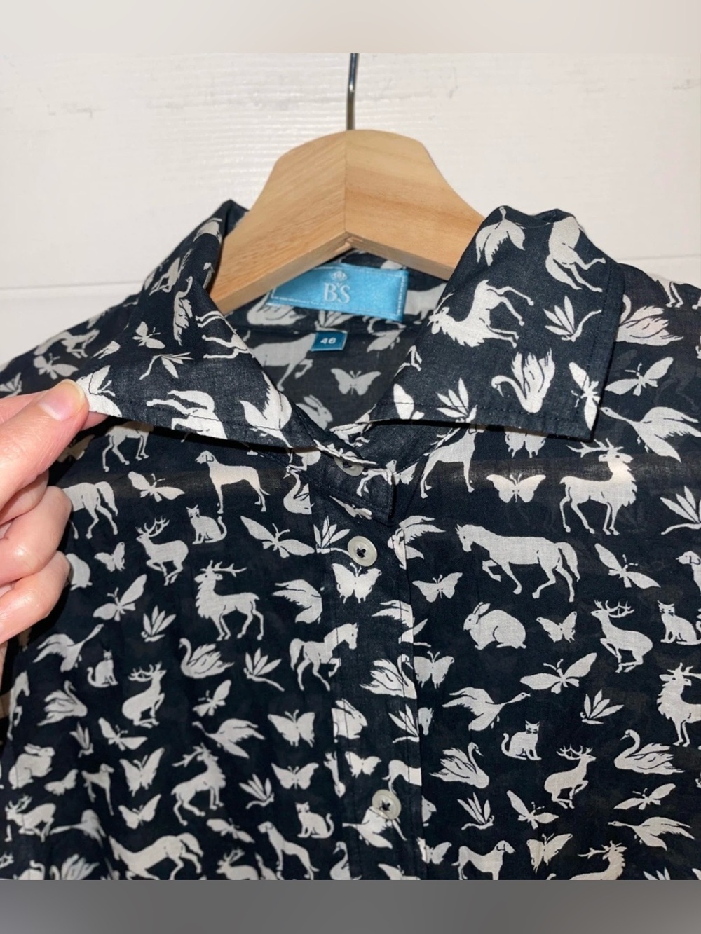 B.S Frankonia Black Sheer Cotton Button-Up Shirt Blouse with White Animal Print - Picture 4 of 11